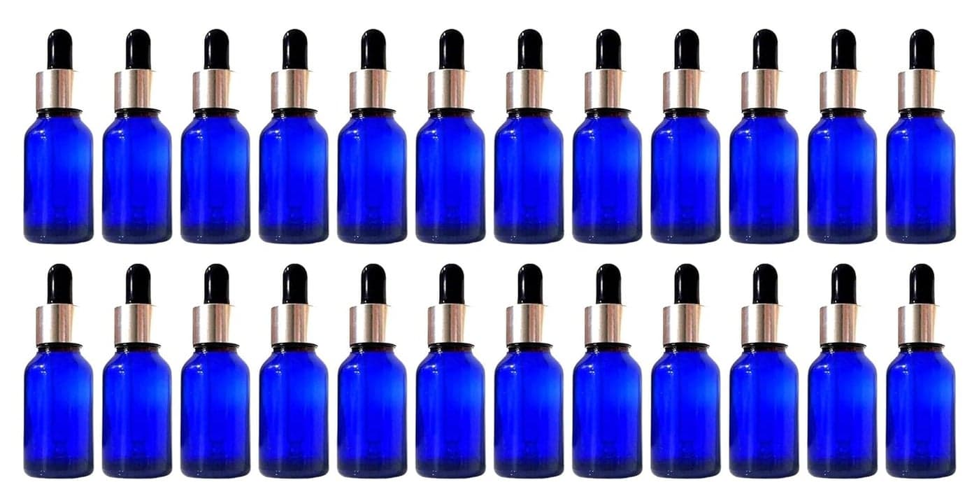 VOW 15 ML Blue Round Empty Glass Bottle Glass Dropper Silver Ring Silicone Black Teat Refillable Reusable Leak Proof for Essential Oils PerfumesPack of 24