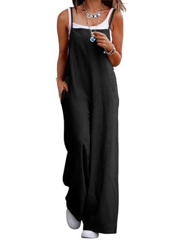 YESNO Women's Summer Boho Casual Jumpsuits Wide Leg Overalls Floral Print Baggy Rompers with Pocket 3XL PZZCR Solid Black