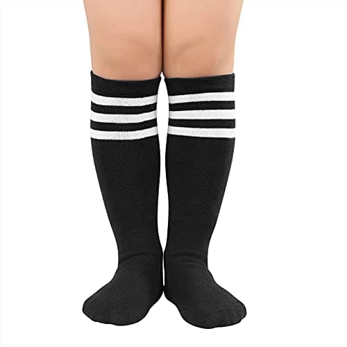 American Trends Kids Toddler Soccer Socks Knee High Tube long Three Stripes Cotton Uniform Sports Socks for Child Boys Girls 1 Pack Black White 3-6 Years