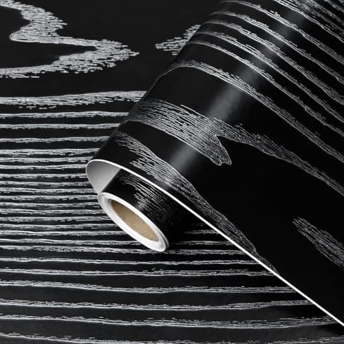 Qianglive Thick Silver and Black Wood Contact Paper Peel and Stick Wallpaper Wood Grain Wallpaper for Countertops Cabinets Waterproof Self Adhesive Removable Textured Vinyl Roll 157x78