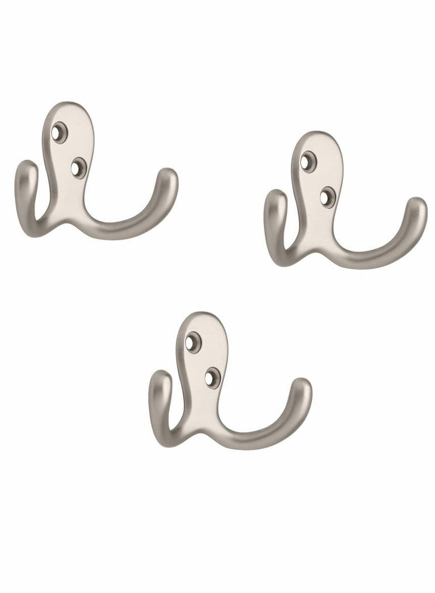 3 Pack Brass Double Prong Towel Hook Matte Nickel Holder for Bathroom Dual Coat Hooks Retro Metal Wall Mounted Bedrooms Kitchen Accessories