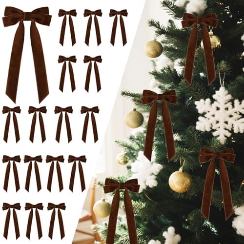 16Pcs Velvet Ribbon Bows for Christmas Tree Vintage Rustic Small Craft Bows Ornaments for Garland Wreath Gift Wrapping Candy Bags Party DIY Decorations Deep Brown 5 x 10 Width of 1