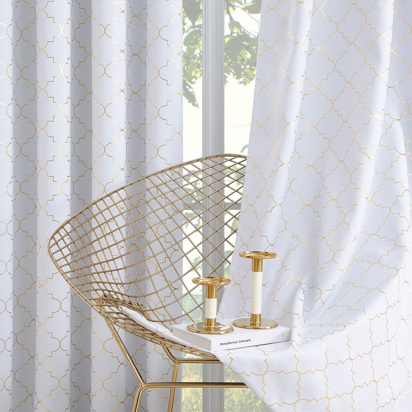Enactex 100 Full Blackout Curtains 63 Inch Length Thermal Insulated White Curtain with Gold Geometric Metallic Pattern Light Blocking Grommet Window Drapes for Living Room Bedroom 2 Panels