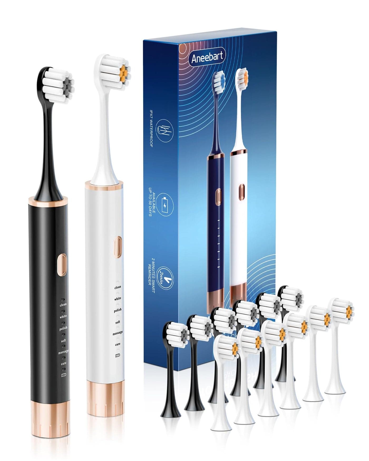Aneebart Sonic 2 Pack Electric Toothbrush for Adults and Kids Travel Toothbrush Includes 12 Replacement Toothbrush Heads 6 Modes with 2 MIN Smart Timer Black White