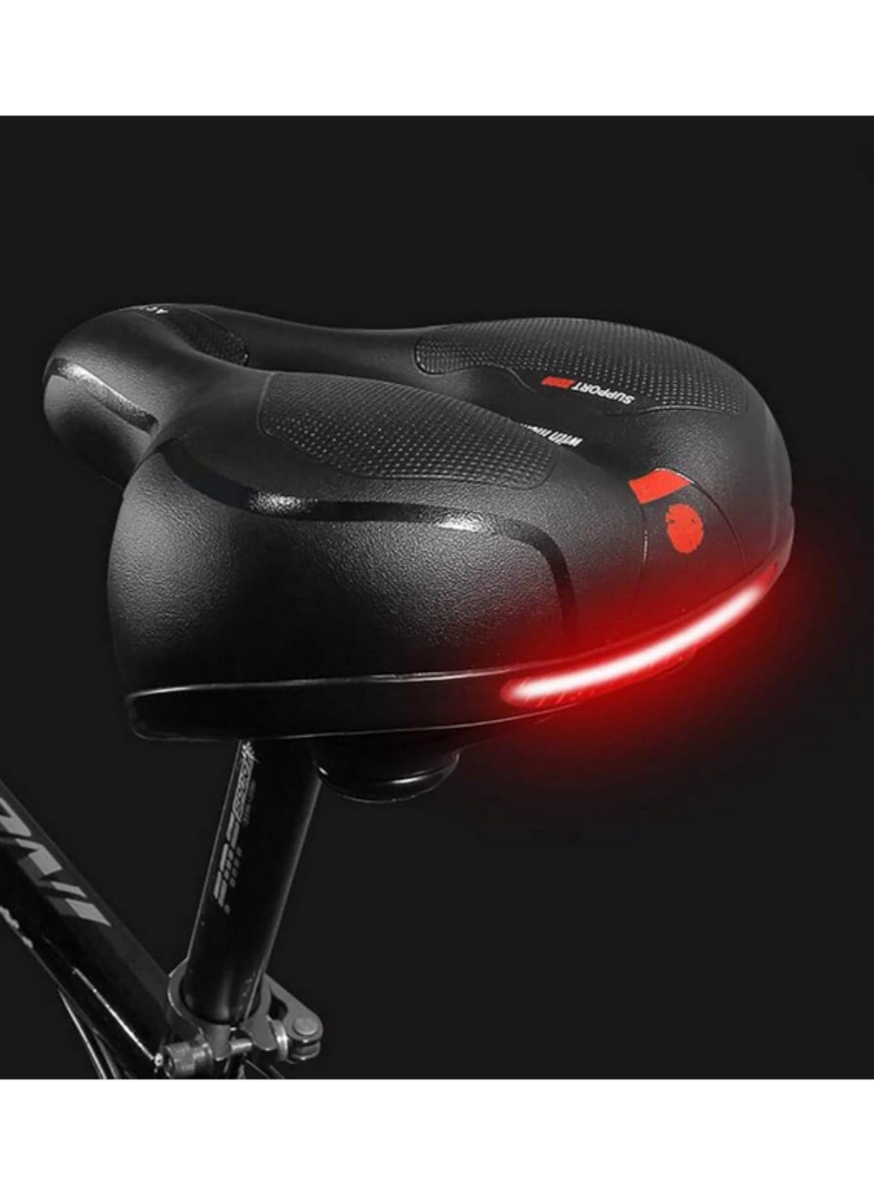Wide Memory Foam Bike Seat Universal Comfort Bicycle Saddle with Dual Shock Absorption Ergonomic & Ventilated Design, Non-Slip Red Reflective Strip Fits for Road, Mountain, Indoor & Outdoor Bikes