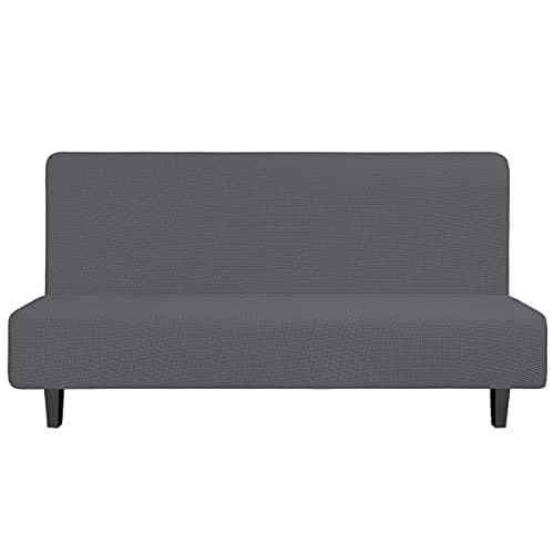 Easy-Going Stretch Futon Slipcover Armless Futon Bed Cover Furniture Protector Without Armrests with Elastic Bottom for Kids, Soft Jacquard Fabric Small Checks (Large, Grey)