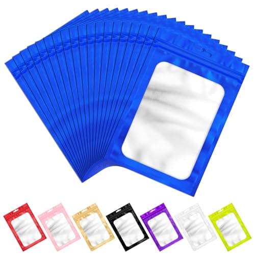 100 PCS Resealable Mylar Bags with Zip and Frosted Clear Window Packaging Bags Foil Pouch Zipper Bag for Food Self Sealing Storage Supplies (Blue, 2.75×3.93)