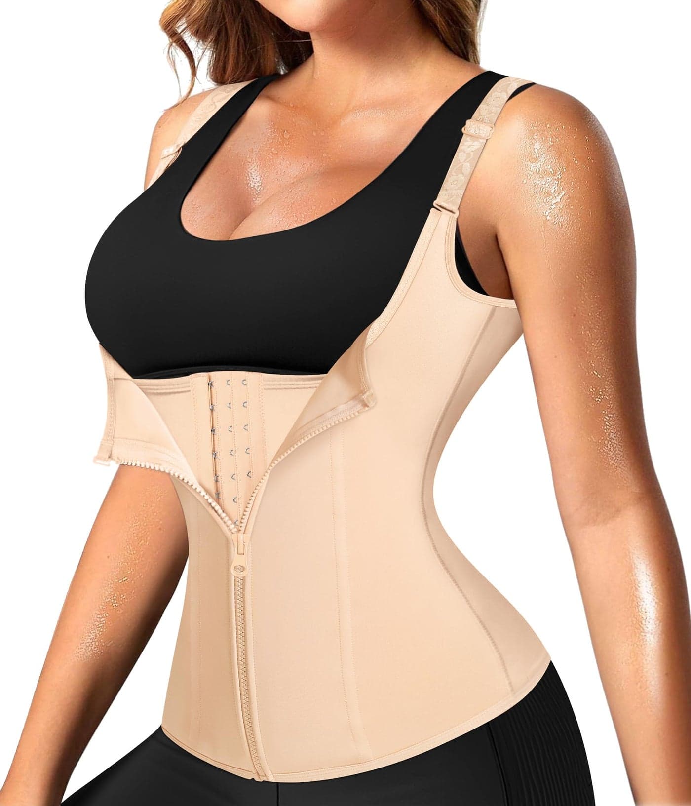 Nebility Women Waist Trainer Corset Zipper Vest Body Shaper Cincher Tank Top with Adjustable Straps (S, Beige)