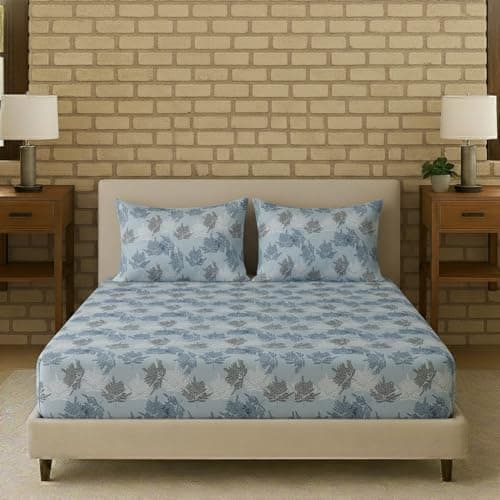 Trance Home Linen Pure 100% Cotton 144Tc Printed King Fitted Bedsheet with 2 Pillow Covers (78 X 72 Inch, Ferns Paradise Blue), 144 tc