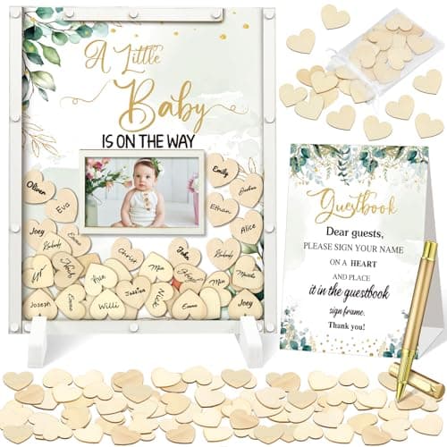 Beeveer 65 Pcs Greenery Baby Shower Guest Book Alternatives He or She Gender Reveal Decorations Sign in Guest Book with Picture Frame and 60 Wooden Chip a Little Baby is on The Way Decorations