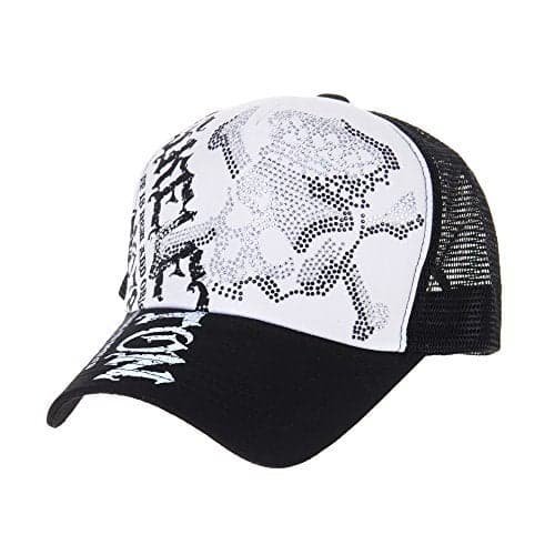 WITHMOONS Meshed Baseball Cap Skull Rhinestones Trucker Hat KR1751 (Black)