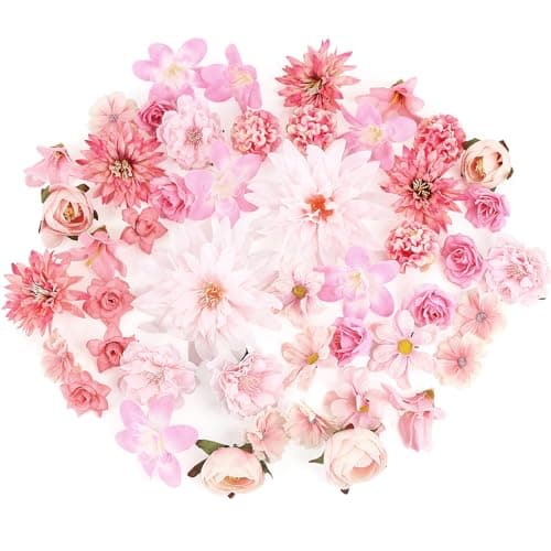 LACGO 48 PCS Fake Flowers Heads Artificial Flower Heads Bulk Silk Faux Flower for Crafts Cake Blossom Wreath Garland Bouquets for Crafts Wedding Bridal Party Baby Shower Home DecorationPink