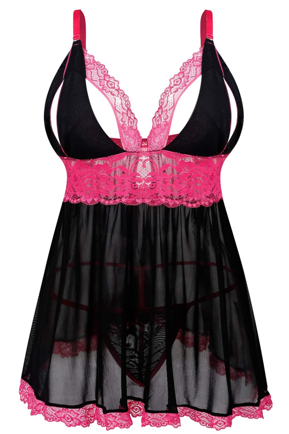 Donnalla Women Plus Size Lingerie Set Sexy Lace Babydoll Lingerie Dress Chemise Sleepwear with Thong Black