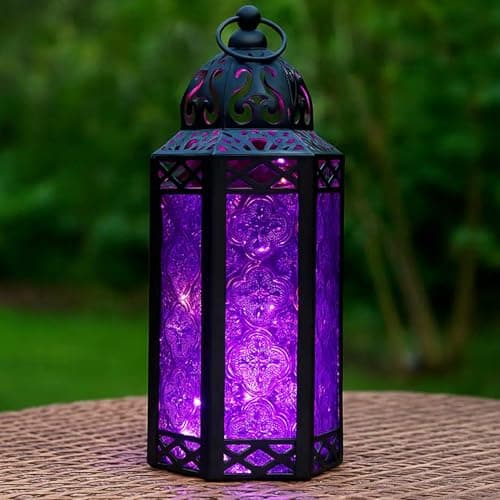 10.5” Purple Metal Moroccan Decorative Candle Lantern with LED Twinkle Fairy Lights & Remote – Gothic Fantasy Lantern for Halloween Table Centerpieces, Indoor Home Decor, Outdoor Patio & Porch