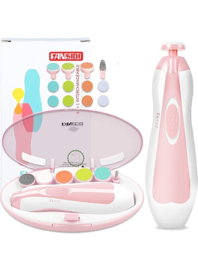 FANSIDI Baby Nail File Electric Nail Trimmer Safe Baby Nail Clippers Manicure Set with 10 Grinding Heads 8 Sandpapers, Trim Polish Groom for Newborn Infant Toddler or Adult Toes Fingernails Care, Pink