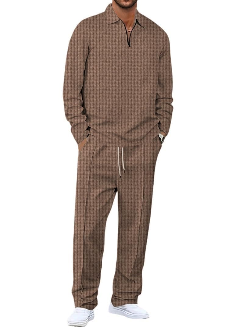 Jawdrobe Men’s Waffle-Check Co-Ord Set | Self-Textured Collar Top | Drawstring Jogger Pants | Cotton-Blend Loungewear/Night-Suit | Casual Travel & Streetwear Two-Piece (waffle-co-ord-set-brown-xxl)