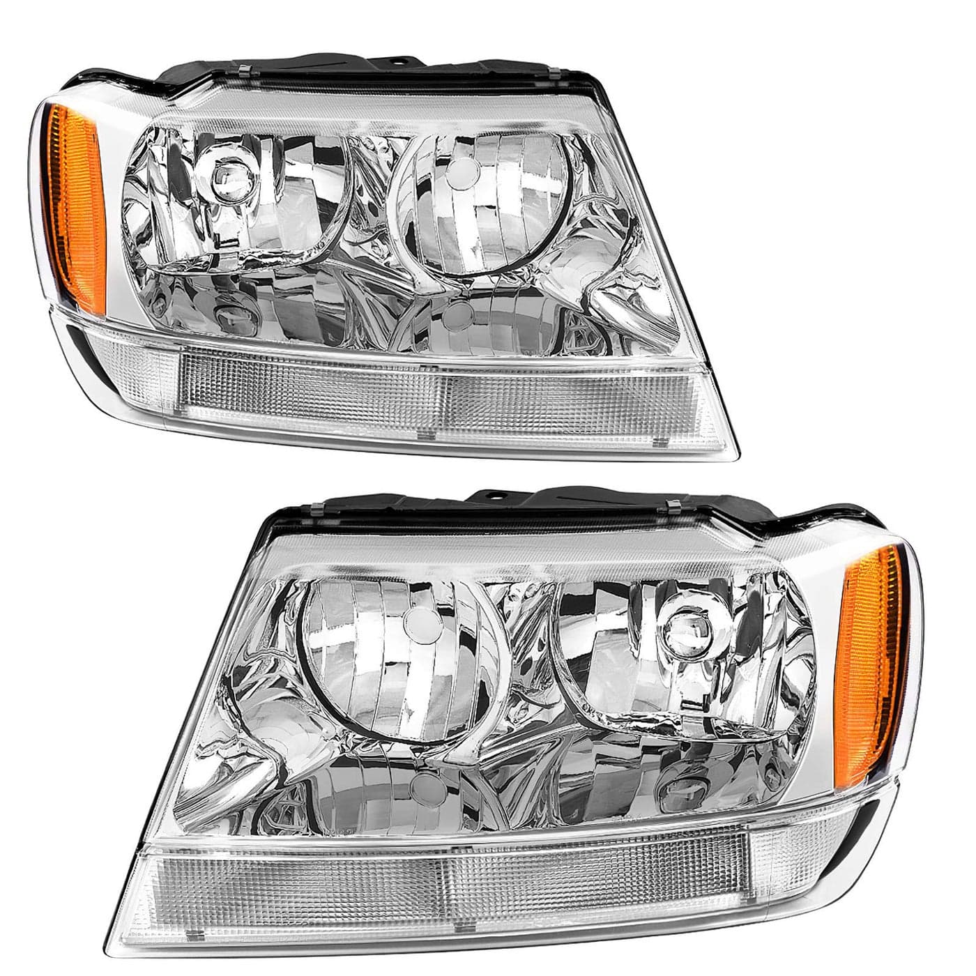 AUTOSAVER88 Headlight Assembly for Jeep Grand Cherokee 1999-2004 - Chrome Housing with Amber Reflector