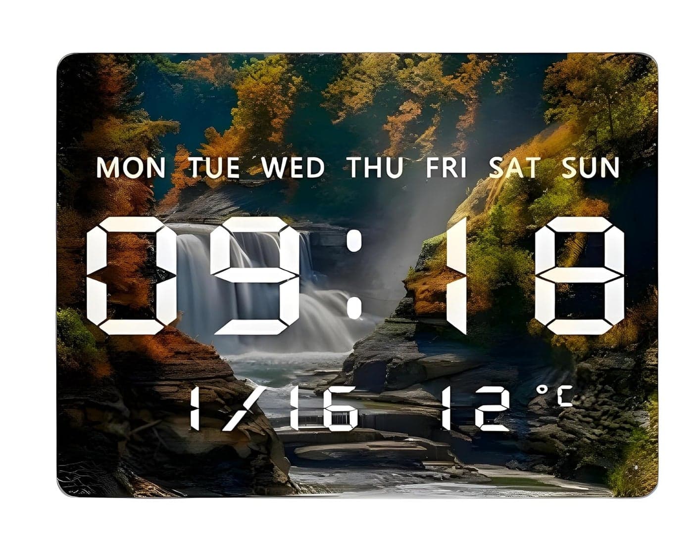Umi Acrylic Digital Wall Clock for Bedroom Living Room Stylish with LED USB Tabletop 3D Picture Clocks with Time Day Date Month Temperature Display for Home Office 27x20cm Waterfall