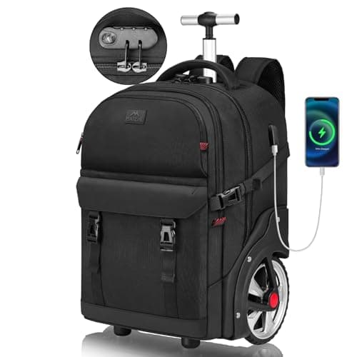 MATEIN Rolling Backpack for Men with Wheels, 17 Inch Large Wheeled Backpack with USB Charging Port & Combination Lock, Water Resistant Anti Theft Travel Laptop Backpack for Adults Work Business, Black