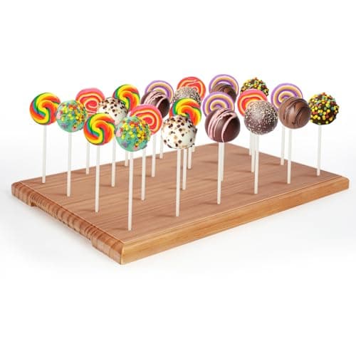 Wooden Cake Pop Stand for Drying, 24 Holes Cake Pop Display Stand with Sticks and Treat Bags, Wood Lollipop Holder for Party Anniversaries Holiday (Walnut, Only Stand)