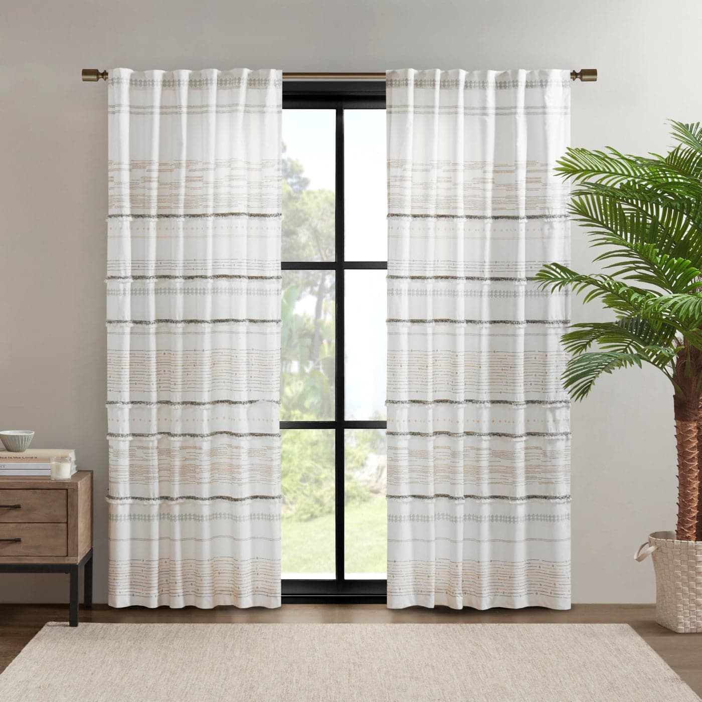 INKIVY NEA 100 Cotton Single Panel Curtain Stripes Tassels Trim Boho Design Rod Pocket Top Drape for Living Room Privacy Window Treatment for Bedroom 50 x 84 Off WhiteGray