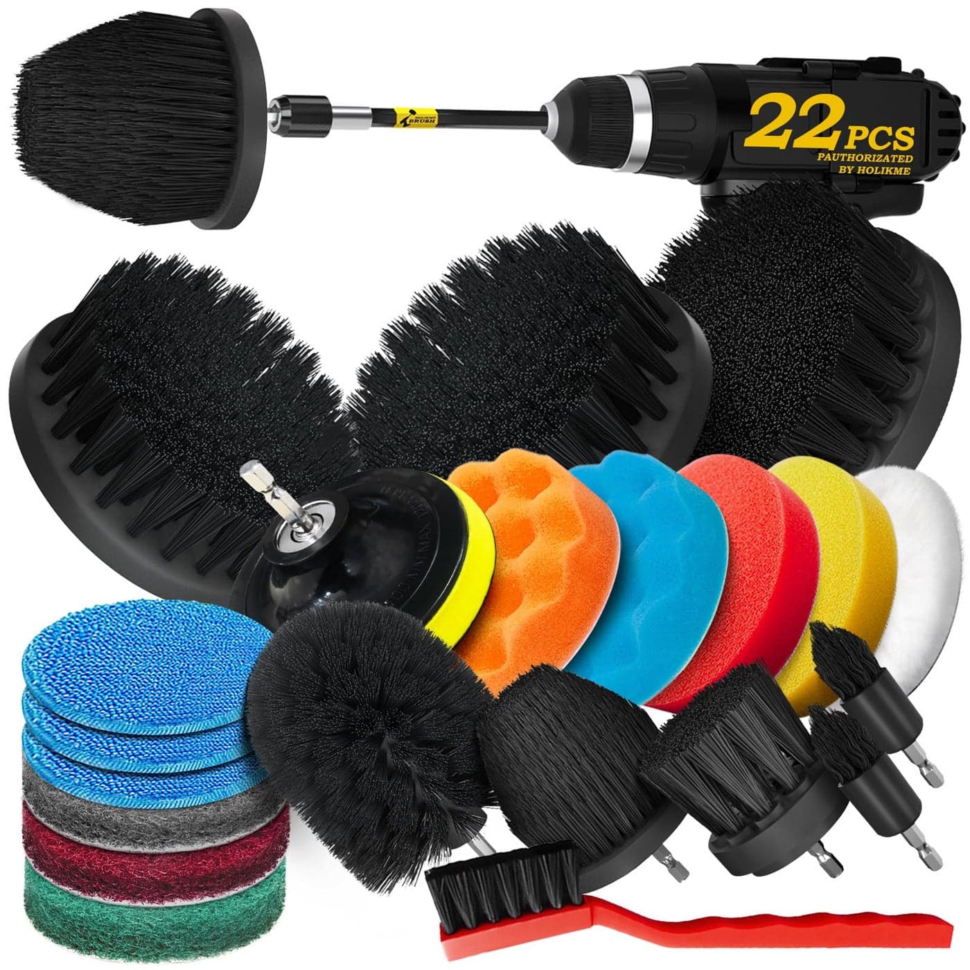 Holikme 22Pack Drill Brush Attachments Set Scrub Pads Sponge Buffing Pads Power Scrubber Brush Car Polishing Pad KitWax Applicator PadCar Cleaning KitCleaning SuppliesMasonry BrushesBlack