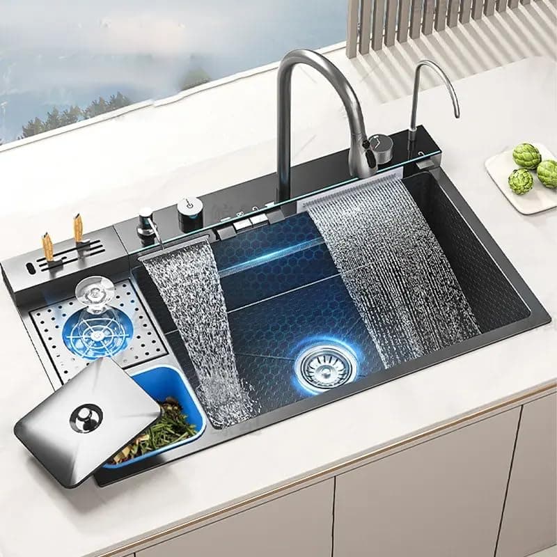B Backline Single Bowl Kitchen Sink - 32" X 19" X 9" Inches | Smart Kitchen Sink With Waterfall Tap & Dustbin | 304-Grade Stainless | All In One Sink With All Accessories - Black Matt Color