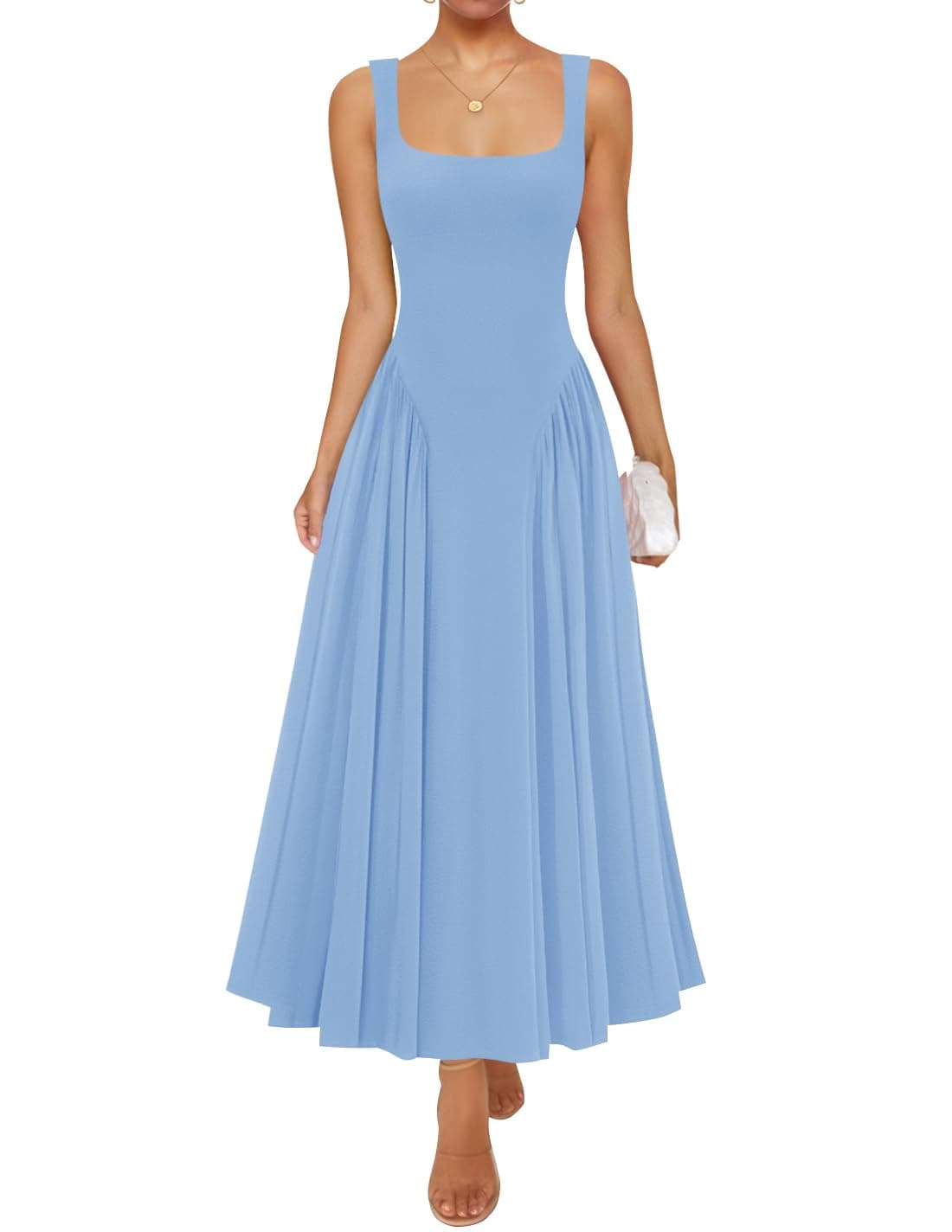 ZESICA Womens 2025 Summer Sleeveless Square Neck Sundress Casual Long Flowy A Line Knit Dress Beach Vacation Maxi Dresses,Blue,Small