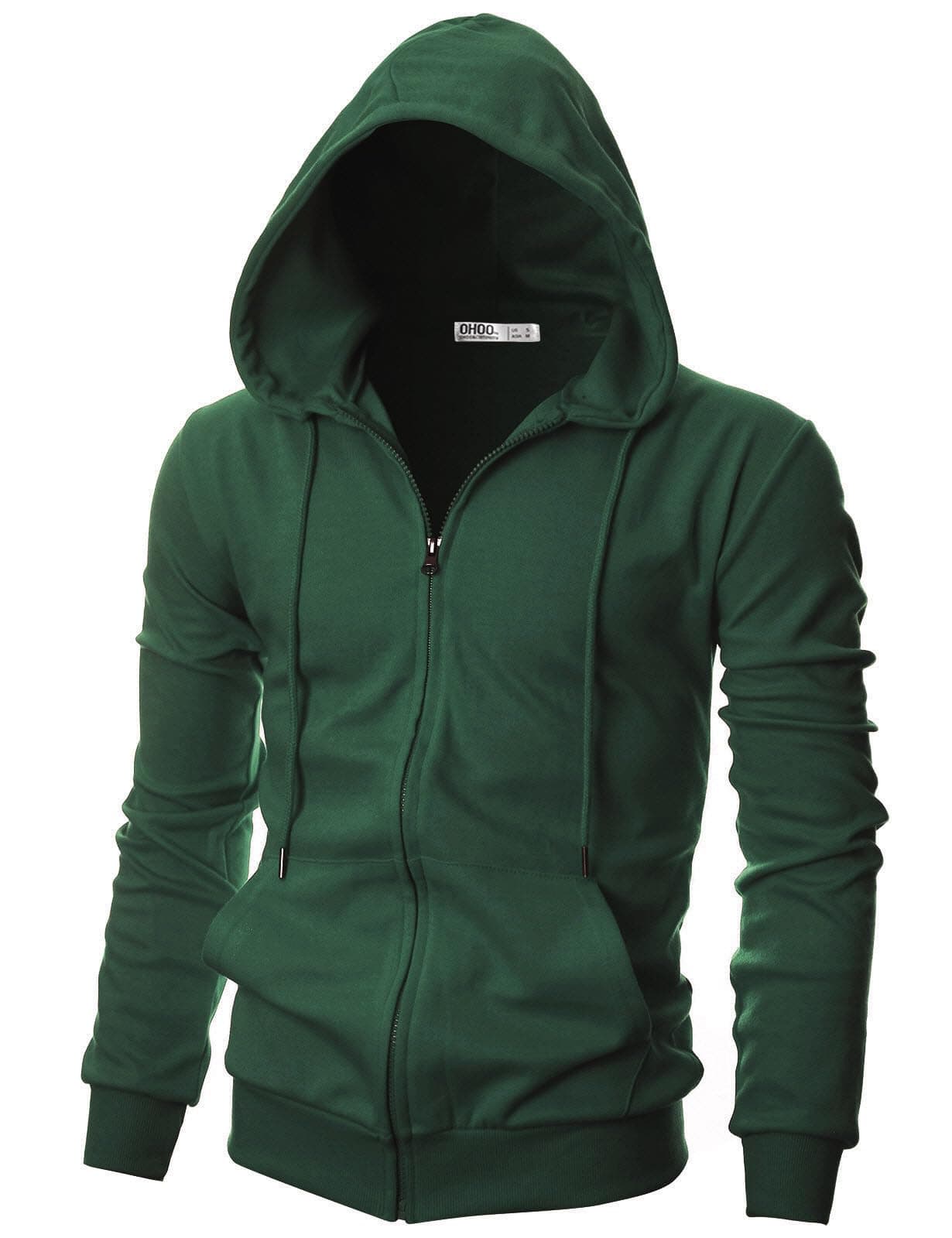 Ohoo Mens Zip Up Hoodie Lightweight Slim Fit Sweatshirt Full Zip Hooded Jacket Concealed Zipper DCF136GREENL