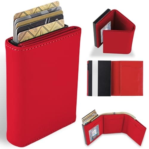 Aibirui Small Wallet for Men-Pop Up Card Case,with Money Clip Slim Leather Slots Credit Card Holder RFID Blocking Trifold Minimalist Wallet with ID Window and Coin Purse(Red Small Wallet for Men Gift
