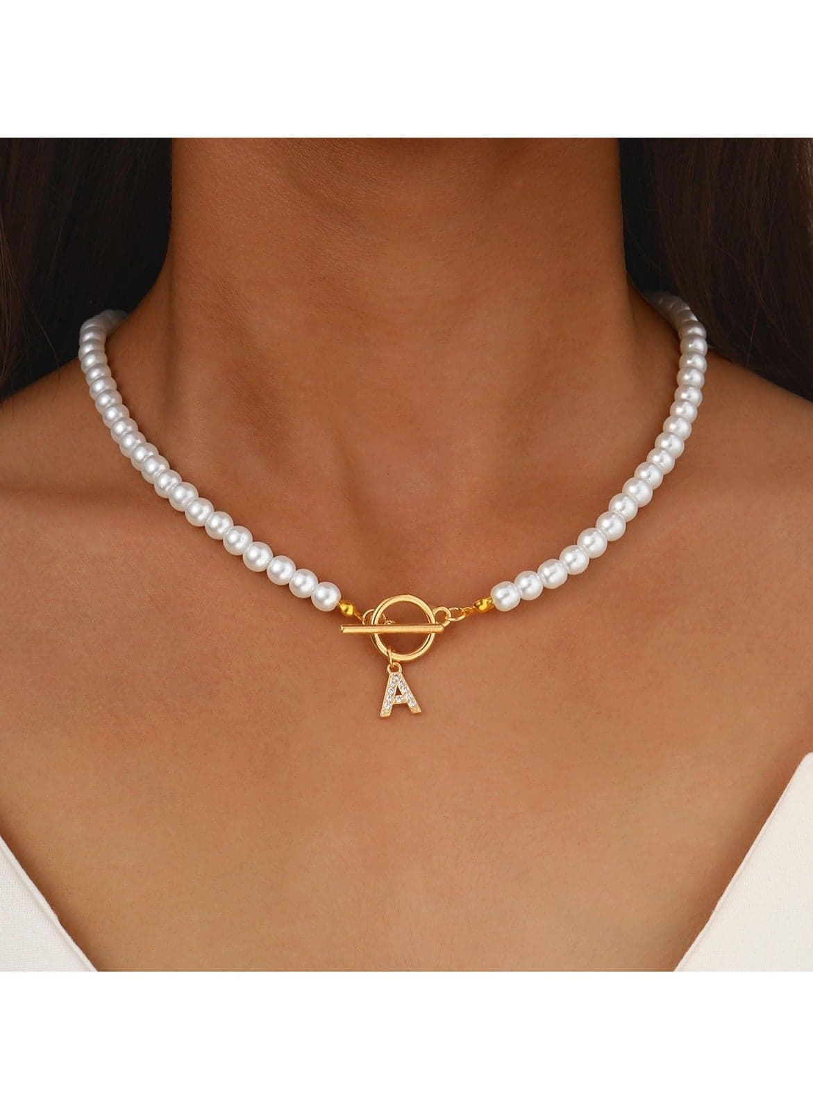 Pearl Beaded Necklace with Gold Color Alphabet Charm