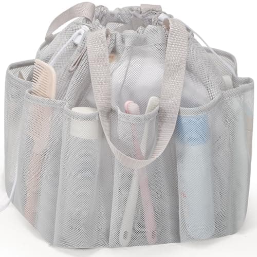 famichan Mesh Shower Caddy Portable with Drawstring Dorm Room Essentials for College Students Grey Shower Bag for CampingSwimmingGymTravelBathroom