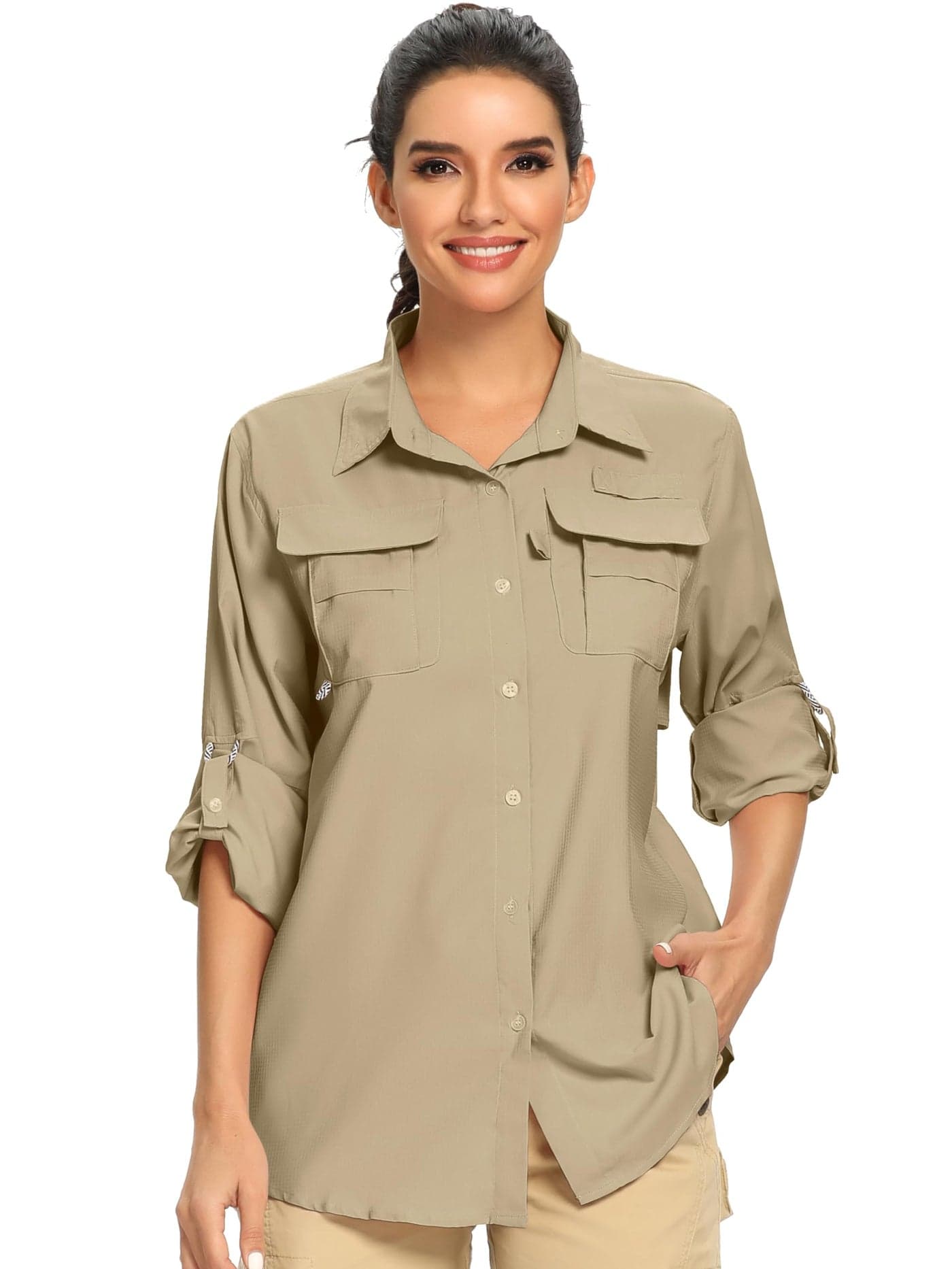 Women's UPF Long Sleeve Fishing Shirts Button Up Hiking Safari Shirts Sun Protection and Quick Dry,#5055 Khaki,XS
