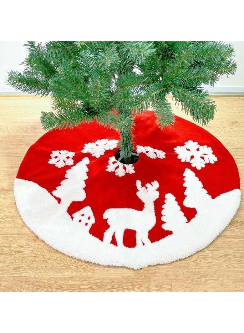 48 inch Christmas Tree Skirt Fluffy Plush Faux Fur Christmas Tree Skirt with Reindeer and Snowflakes Pattern Christmas Tree Floor Mat for Merry Christmas Home Décor Xmas Party