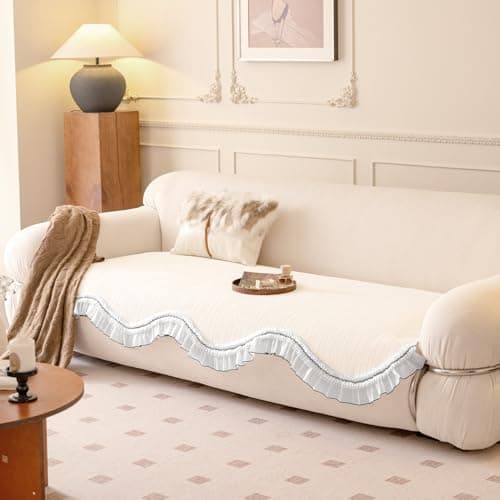 HOKIPO 'French Lace & Luxe' Anti-Slip Sofa Cover Mat for 3 Seater Sofa | Elegant Curved Lace Design, Pearl Sheen White (AR-6133-WHT*1)