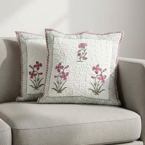 HOMEMONDE Quilted 16 X 16 Inches Soft Throw Cushion Cover - Pack Of 2 Jaipuri Hand Block Print Cotton Pillow Covers, Pink, 300 TC