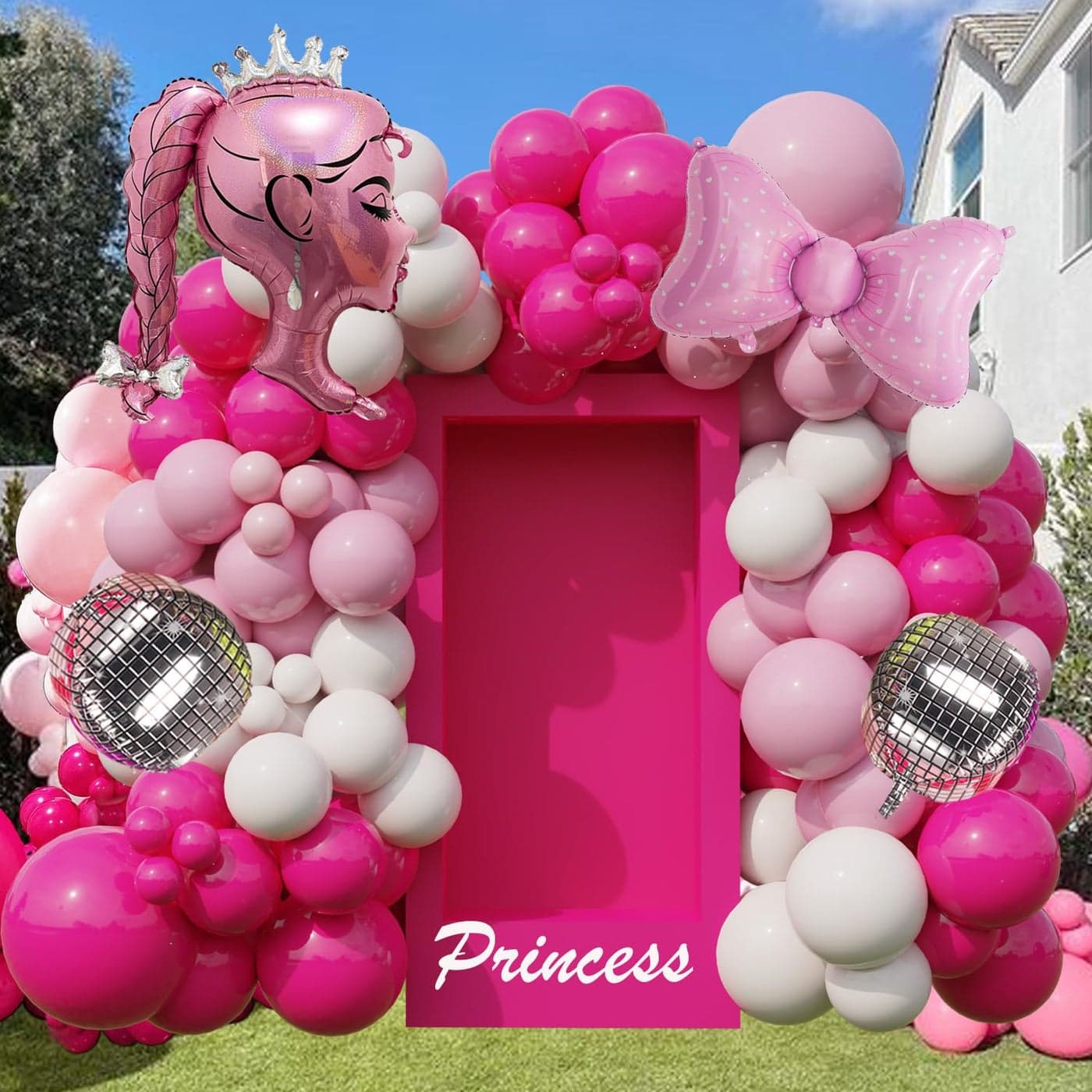 Hot Pink Princess Balloon Arch Kit with Rose Red Light Pink Matte White Balloons Silver Disco Ball Bows and Crown for Girl Summer Birthday Coquette Party BallerinaGraduation Baby Shower Decor