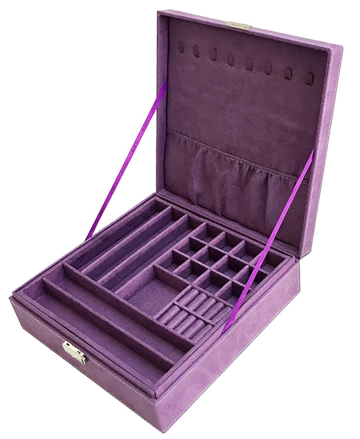 Sodynee Purple TwoLayer Lint Jewelry Box Organizer Display Storage Case with Lock