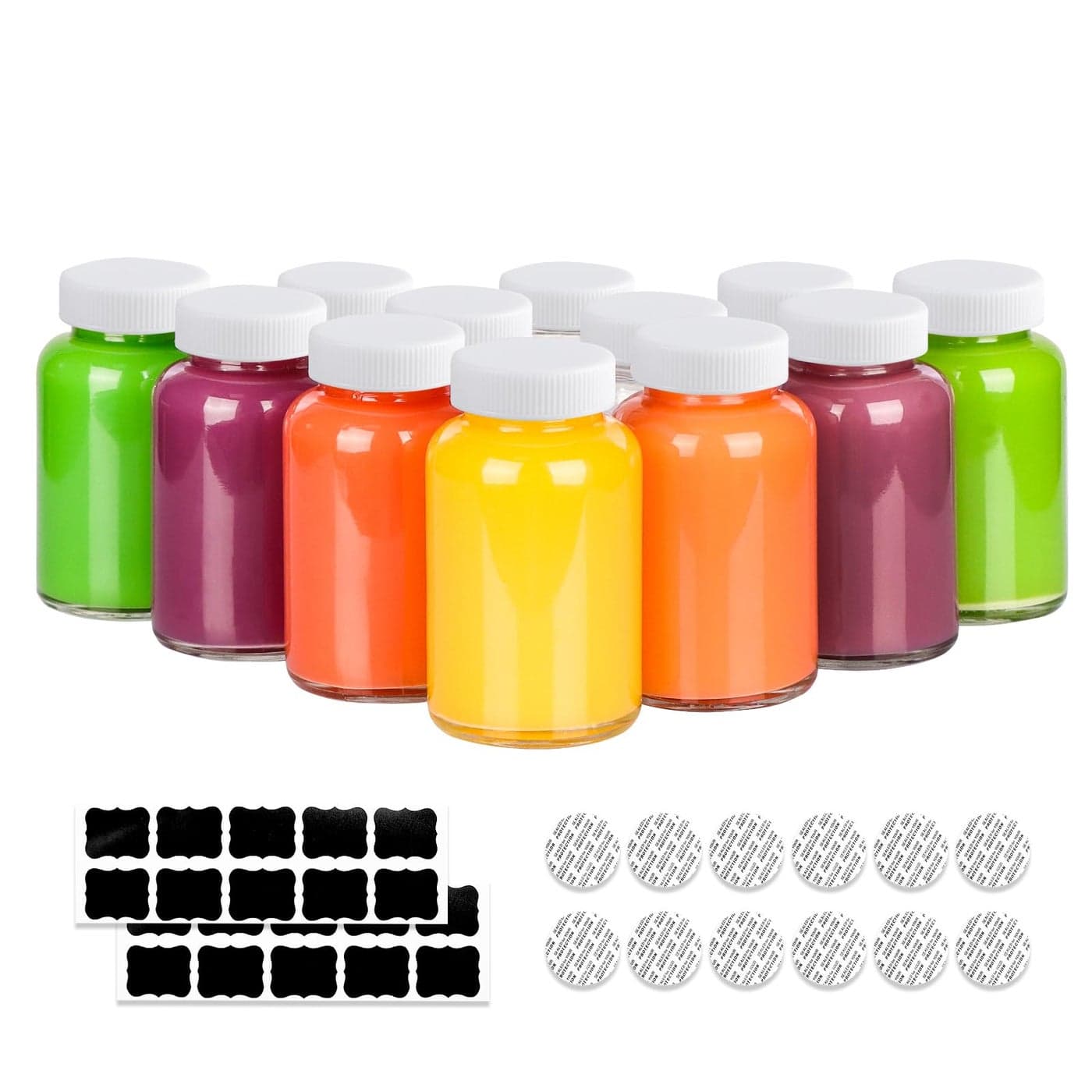 HINGWAH 12 Pack 4 OZ Glass Shot Bottles with Caps 120 ML Empty Wellness Juice Shot Bottles Reusable Clear Glass Jars with Lids for Juice Shots and Homemade Beverages