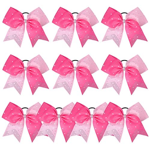 DEEKA 10 PCS Rhinestones Two Toned Large Cheer Hair Bows 7" Glitter Cheer Ponytail Holder Handmade for Teen Girls Softball Cheerleader Sports -Light Pink/Hot Pink