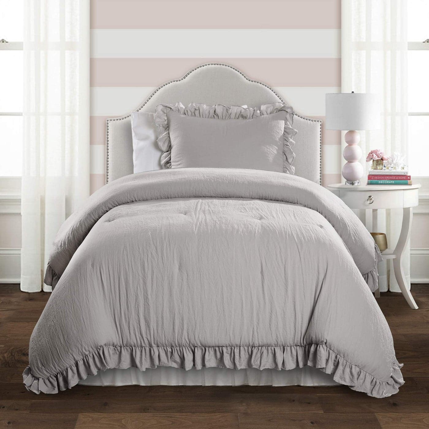 Lush Decor Reyna Ruffle Comforter Set 2 Piece Cozy Ruffled Bedding Set Timeless Elegance and Comfort for Dorm Room Twin XL Light Gray
