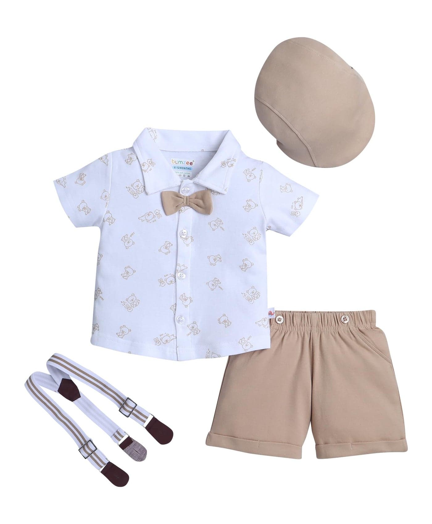 BUMZEE Boys Cotton Half Sleeves Shirt & Short Set With Bow Suspender & Cap White & Beige - 6-12 Months (Peb10529C-wht)