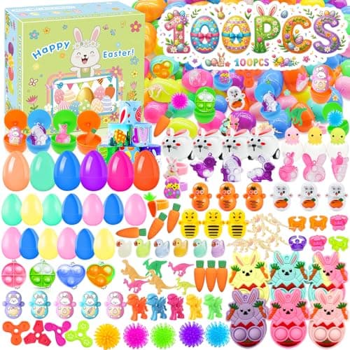 BicMan Prefilled Easter Eggs with Toys 100 Pcs Plastic Easter Eggs Set Easter Basket Stuffers for Egg Hunt and Party Activities