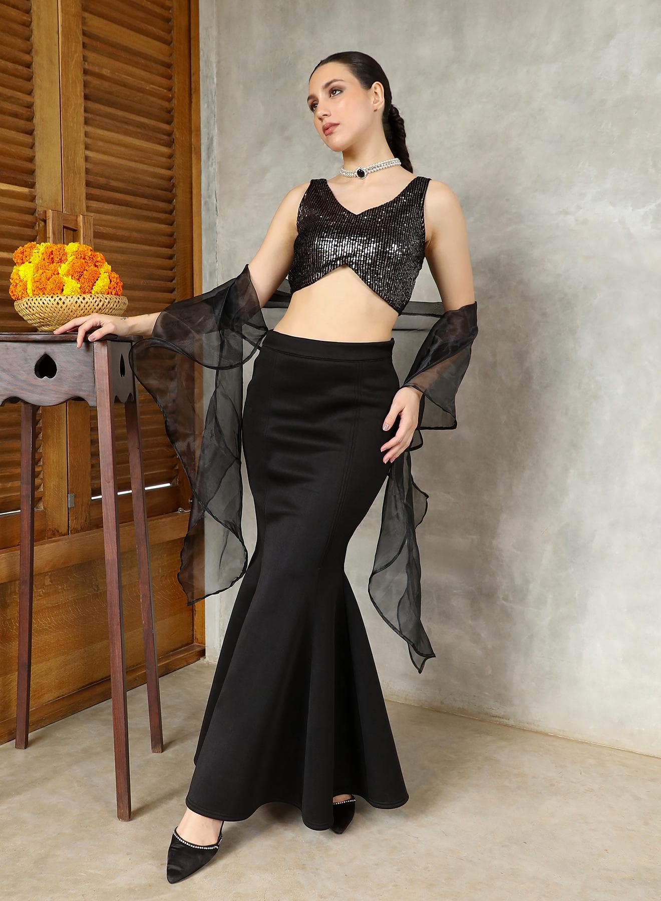 Women's Mermaid-Flare Co-Ord Set For Ethnic Wear | V-Scoop Neck, Sleeveless | Sequined Plain Woven Fabric | 3 Piece Co-Ords Designed For Evening & Party Wear | Midnight Black