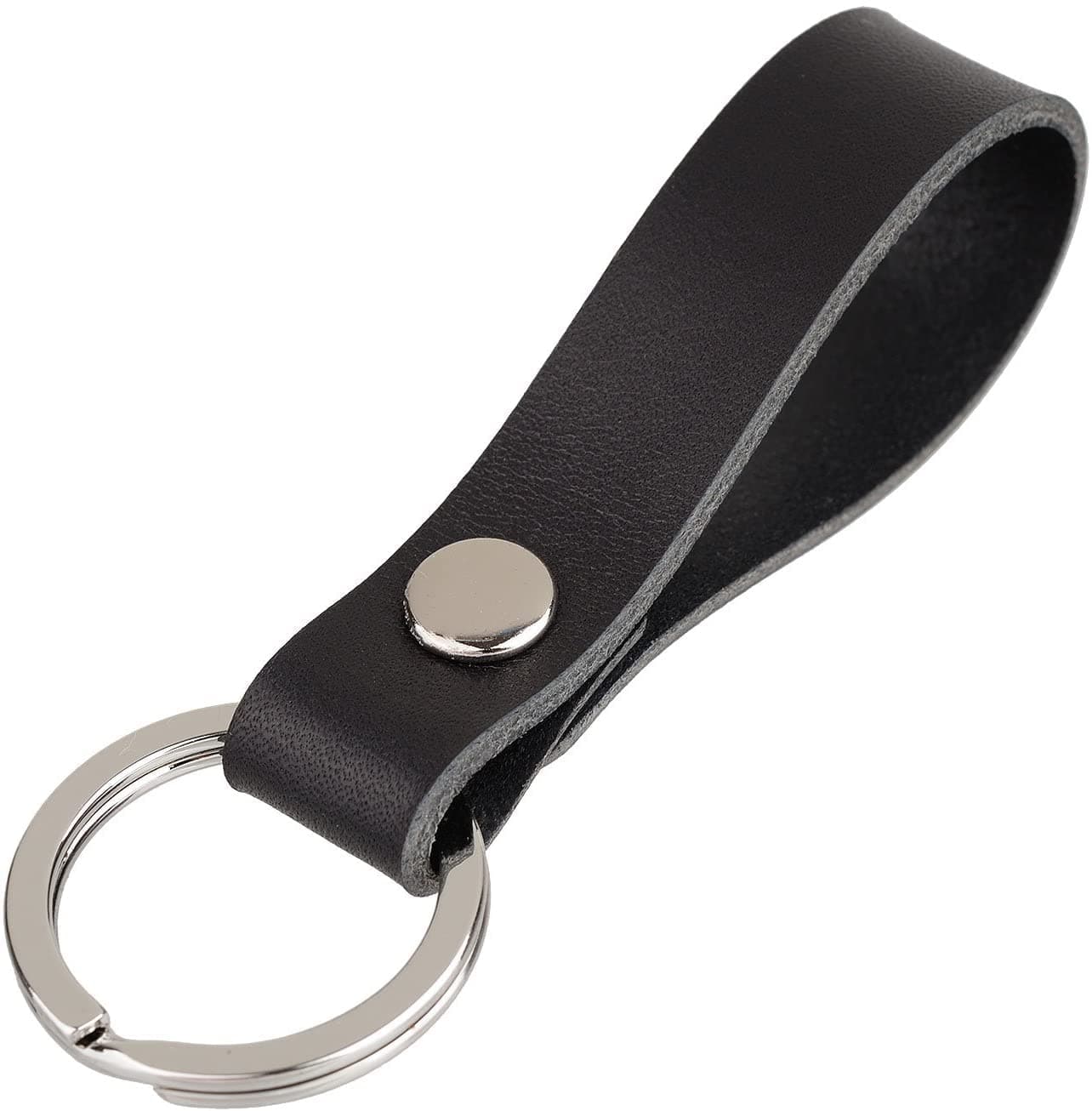BeeSpring Leather Keychain Handcraft Silver Key Ring Lanyard Handmade (Black)