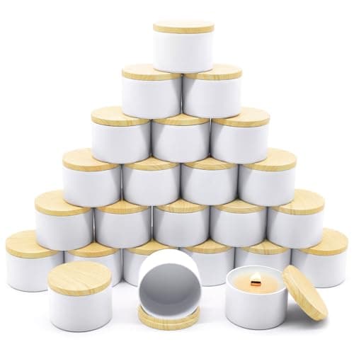 YJHSS 24Pack 8oz Candle Tins with WoodGrain Printing Lids Metal Candle Jars for Candle Making Empty Containers Vessels Bulk for Small Business Beginners DIY Storage Wood White