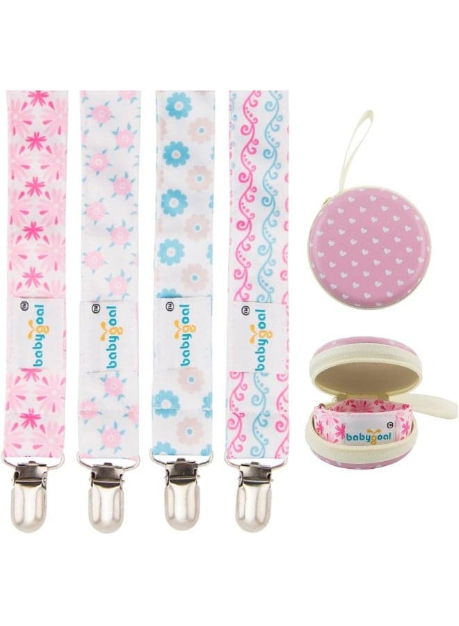 Babygoal Baby Girl Pacifier Clips with Pacifier Case, 4 Pack Metal Teething Clips & Baby Shower Gift Fits All Pacifier Styles