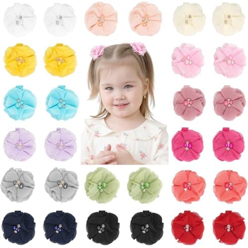 DeD 30PCS 2 Chiffon Flower Hair Bows Clips with Rhinestone Pearl Flower Tiny Hair Clips Fine Hair for Girls Infants Toddlers Set of 15 Pairs