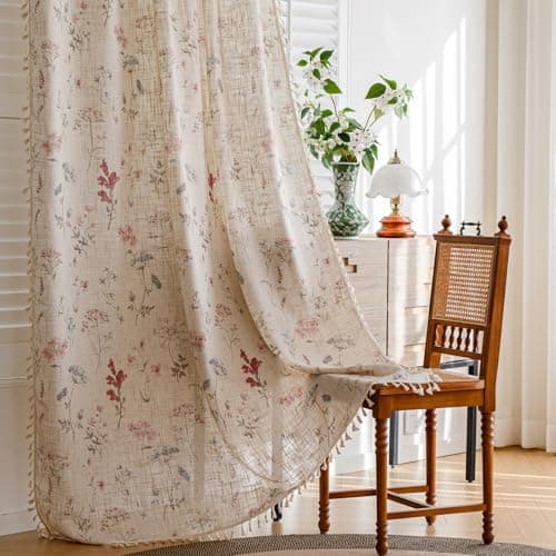RoomTalks Boho Farmhouse Living Room Curtain Privacy Linen Fabric, Cute Vintage Floral Botanical Aesthetic 96 Inches Window Curtains for Bedroom Dining Living Room Nursery, Wildflowers Bohemian Panels
