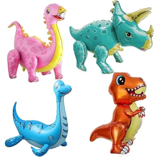 Uorbmaio 3D Dinosaur Balloons Birthday Party Decorations for Dino Themed Bday Party Supplies Shower Celebration Cute Self Standing Dino Balloons4Pcs